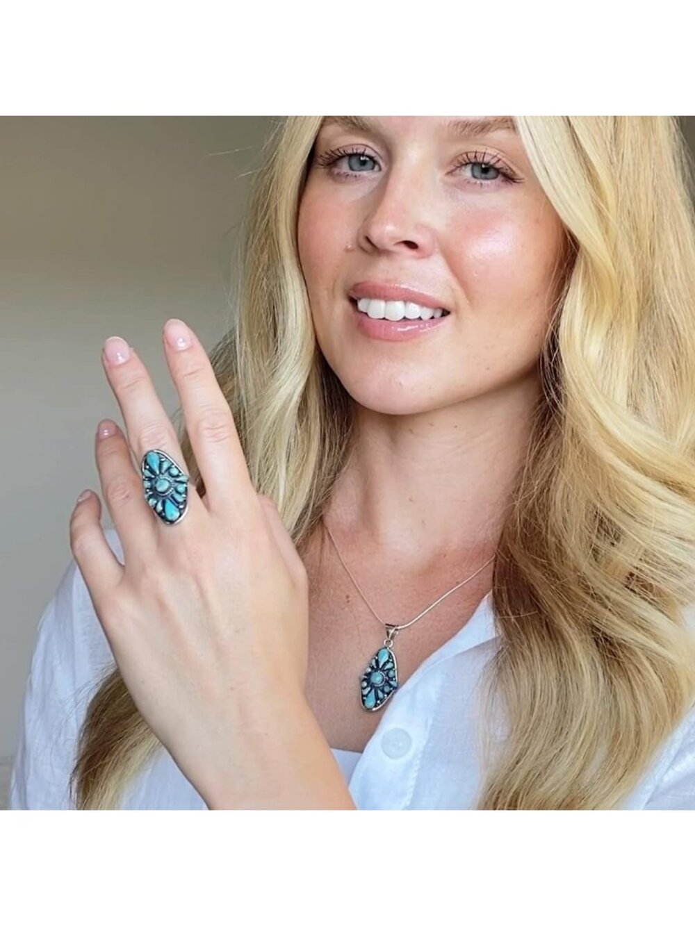 Turquoise Sterling Silver Ring, Genuine Gemstones, Adjustable Size 6-11 - Picture 4 of 8